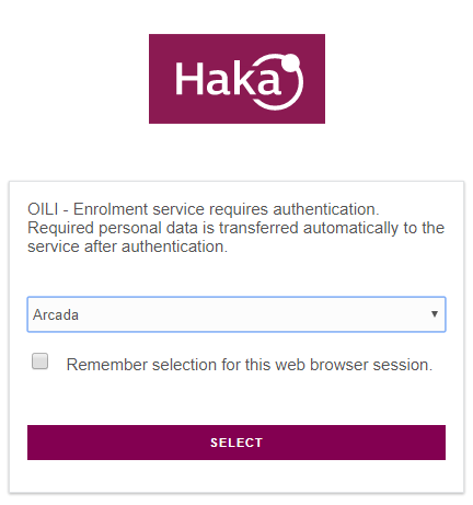 Go to arcada.fi/registration. You will be redirected to the Haka-login page.
