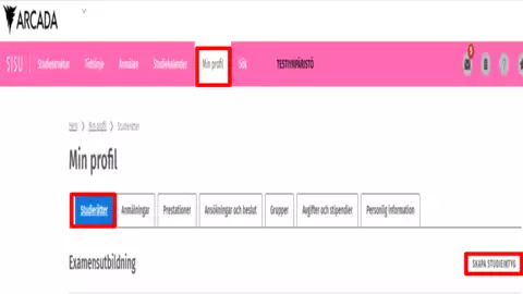 Screenshot som visar hur man beställer studieintyg från Sisu på svenska.