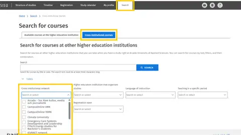 Search for cross-institutional courses in Sisu