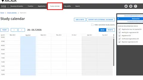 Study calendar and schedule in Sisu