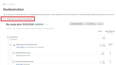 Byt till den tillgängliga vyn av studieplanen steg 2